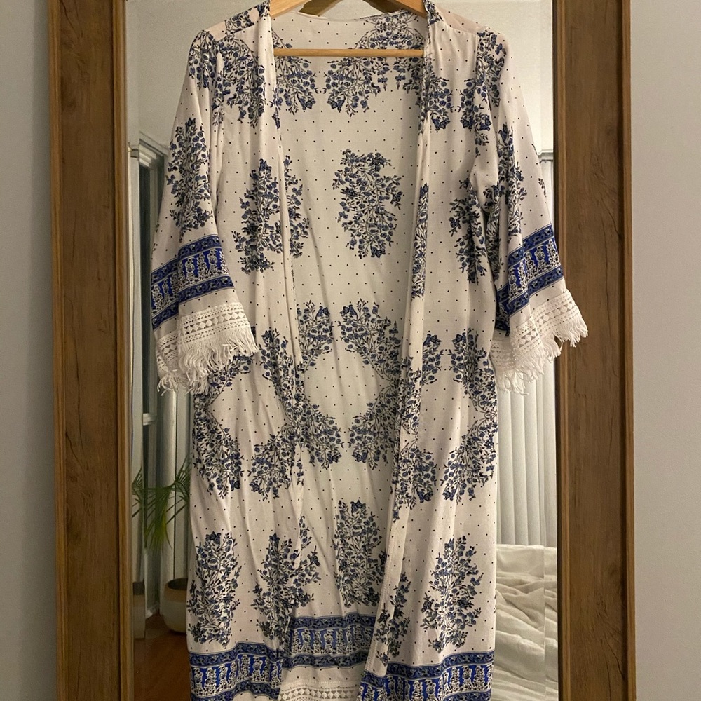Blue & White Boho Floral Kimono